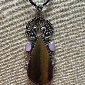 New Unique Tigers Eye Peacock Pink Chalcedony Silver Overlay Pendant Necklace